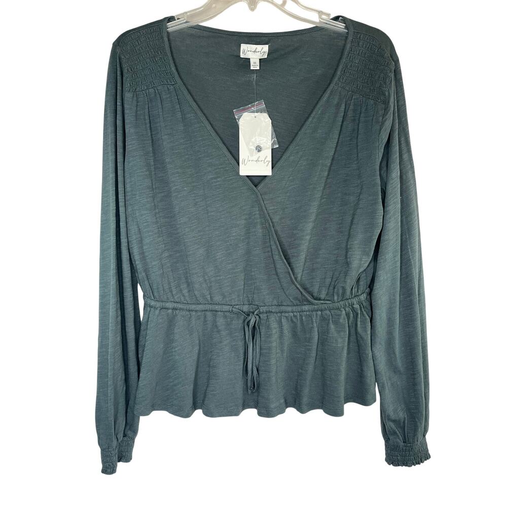 Wonderly Women's Tie Waist Solid Peplum Top, Emerald Ash, size M NWT